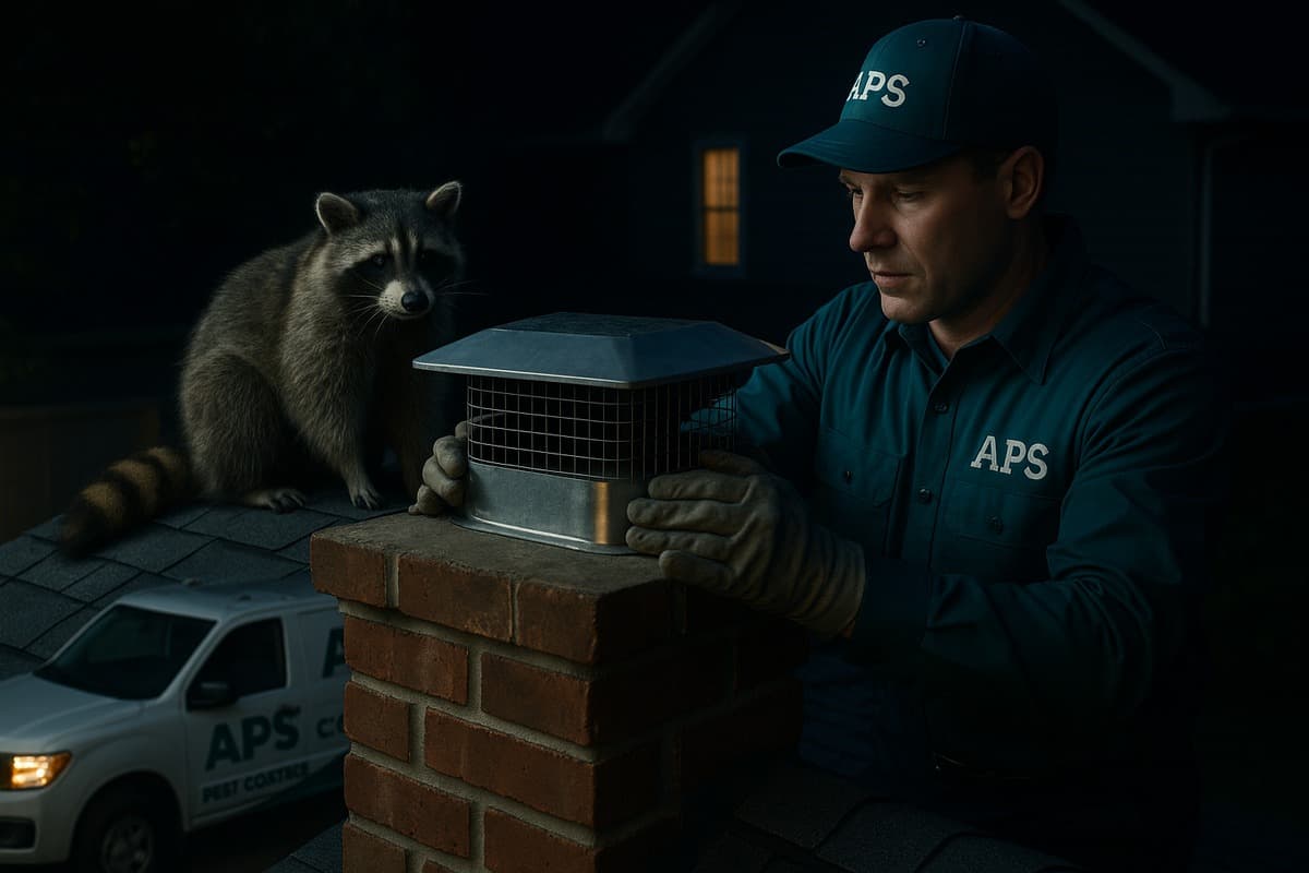 Raccoon on a residential rooftop at night